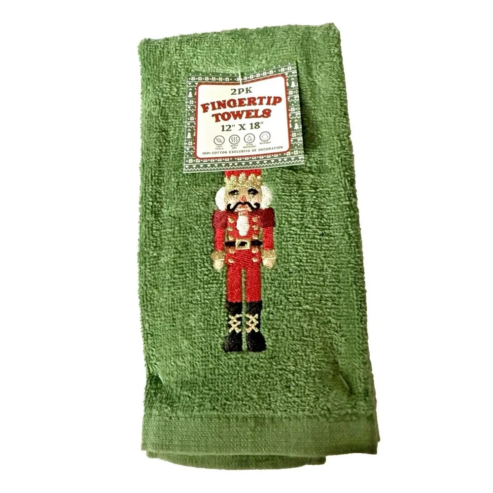 Christmas Fingertip Towels Set of 2 Nutcracker Embroidered Holiday Green Cotton